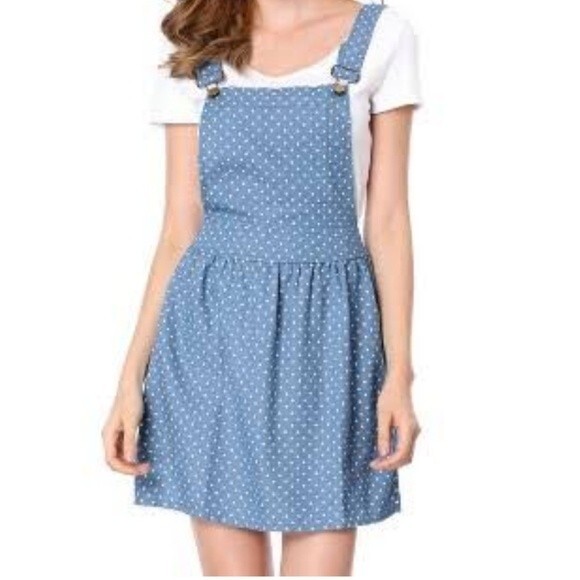 Allegra K Chambray White Polka Dot Overall Dress EUC SZ M Coastal Cowgirl - Picture 1 of 7